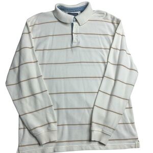 Roundtree & Yorke‎ Men’s Long Sleeve Polo Shirt Size Large White Tan Stripe